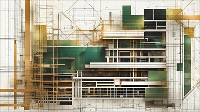Conceptual sketch of a modern building with transparent design layers in green and beige palette,