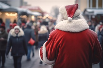 Back view of man in red Santa costume with hat in busy city street. KI generiert, generiert AI