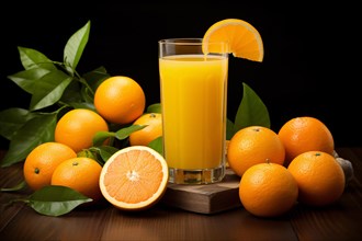 Glass of orange juice surrounded by fruits on dark background. KI generiert, generiert AI generated