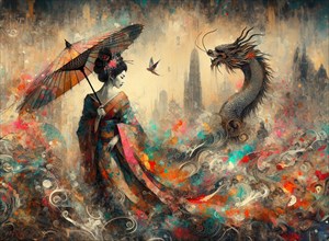 A colorful artistic rendition of a geisha with a dragon amidst an abstract background, japanese
