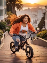 A plus size young teen asian female rides a BMX bike downhill on a city street, her hair catching