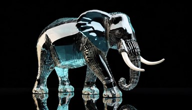 Elephant, animal sculpture made of bluish iridescent crystal glass, AI generated, AI generated