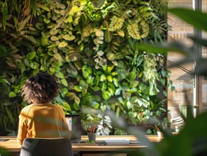 Woman working on a computer in a greenery-filled office with natural lighting, african american at