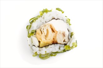 Japanese maki sushi rolls with green onion, isolated on white background. Top view, close up,