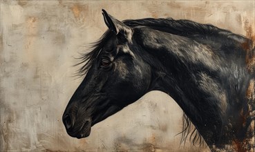 Dark textured artwork of a horse in side view exuding a somber mood AI generated