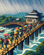 Serene illustration of individuals crossing a bridge in a border, with umbrellas to protect from