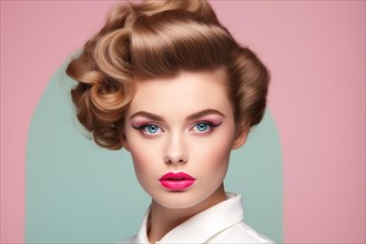Portrait of young woman with retro style makeup and hairdo. KI generiert, generiert AI generated