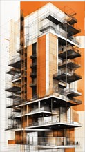 Vertical abstract with modern architectural forms and blueprints in orange and brown hues, vertical