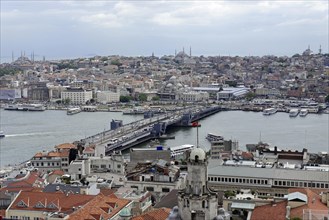 Galata Bridge, Golden Horn, View from the Galata Tower, Istanbul, European part, Turkey, Asia