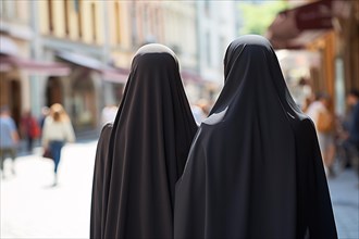 Back view of two women covered with black Muslim Niqab veil in city street. KI generiert, generiert