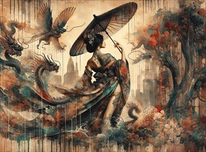 Ethereal scene with an tatooed geisha style young vibramt Asian woman, holding an umbrella, dragon,