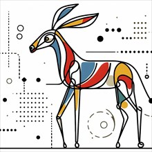 Stylized geometric representation of a gazelle with abstract colorful shapes, continuous line art,