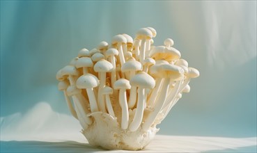 White Shimeji mushrooms on white background. Shimeji mushrooms. AI generated
