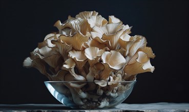 Oyster mushroom in a glass bowl on a black background close up. AI generated