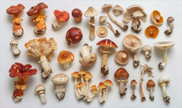 Variety of edible mushrooms on white background. Top view, flat lay. AI generated