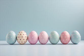Pastel colored Easter eggs with dots on blue background. KI generiert, generiert AI generated
