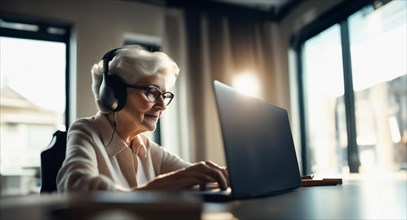 An elderly gray-haired woman in headphones works in the office at a laptop, AI generated