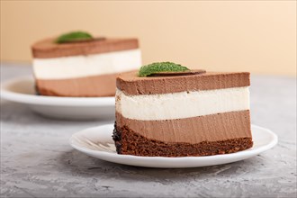 Cake with souffle milk chocolate cream on a gray and light brown background. side view, close up,