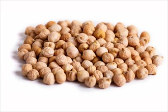 Pile of chickpeas isolated on white background. Closeup