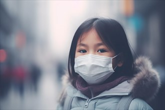 Young Asian girl child covering mouth with medical face mask in city full of smog pollution. KI