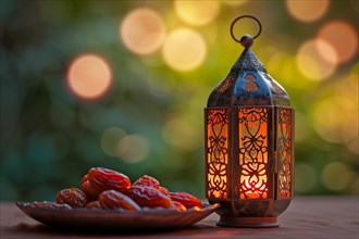 Ramadan lantern with a plate of succulent figs on bokeh background, set on an ornate table with