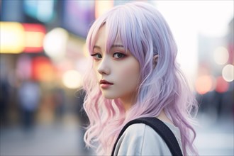 Cute Asian woman with pastel pink and violet hair in street. Japanese Harajuku street fashion