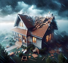 A thunderstorm with storm and rain covers a house roof, symbolic image climate change, climate