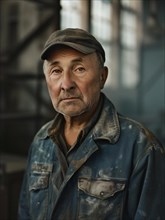 Portrait of a 55-year-old factory worker, dressed in a worn uniform, AI generated
