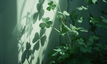 Green leaves of clover on a white wall with shadows and light. AI generated