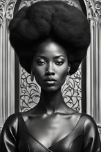Regal african young adult woman in a dark dress with ornate earrings and with a afro hairstyle