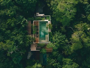 Aerial shot of a luxurious house with a pool nestled in a dense green forest, Playa del Carmen