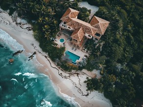 Aerial view of a secluded tropical villa with a thatched roof and pool by a sandy beach, Playa del