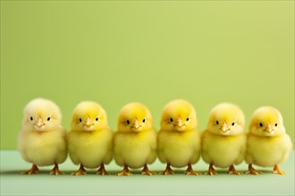 Cute chicks in a row on green background. KI generiert, generiert AI generated