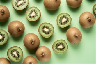 Top view of whole and halved kiwi fruits. KI generiert, generiert AI generated