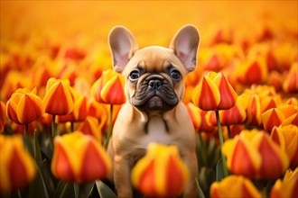 Fawn French Bulldog puppy in flower field with tulip spring flowers. KI generiert, generiert AI