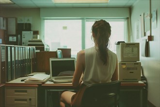 Woman alone in a desolate office environment, AI generated