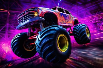 Monster truck with neon lighting, jumping off-road in cloud of dust. Excitement and thrill of an