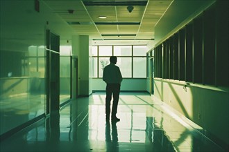 Man standing and not walking in a hallway of an office building, AI generated