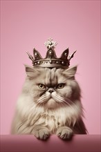 Angry looking Persian cat with golden crown on head on pink background. KI generiert, generiert AI