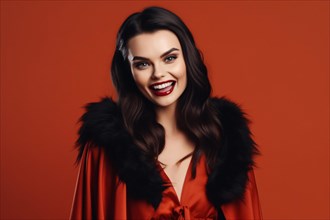 Woman in vampire Halloween costume on red background. KI generiert, generiert AI generated