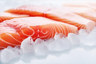 Close up of raw Salmon fish filet on ice. KI generiert, generiert AI generated