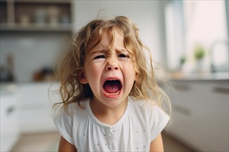 Young screaming and crying girl child in kitchen. KI generiert, generiert AI generated