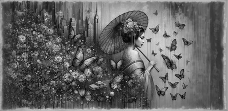 Tranquil monochrome scene of a geisha with butterflies and a vintage taxi among florals, shunga