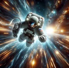 An astronaut in a spacesuit flies at breakneck speed, the speed of light, through space, symbolic
