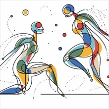 Abstract art of dynamic human figures dance in motion with primary colors and fluid shapes,