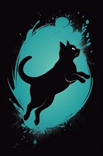 Dynamic silhouette of a cat with splashes of teal and blue in the background, minimalist vintage