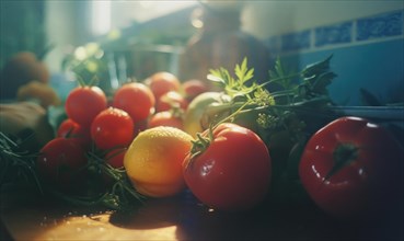 Tomatoes and lemons on the table in the kitchen. Selective focus AI generated
