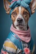 Sophisticated dog dressed in a head wrap and jacket with floral details, over grey solid studio