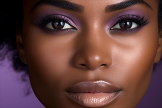 Close up of face of african american black woman with purple eye makeup. KI generiert, generiert AI