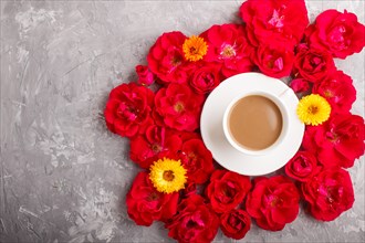 Red rose flowers and a cup of coffee on a gray concrete background. Morninig, spring, fashion